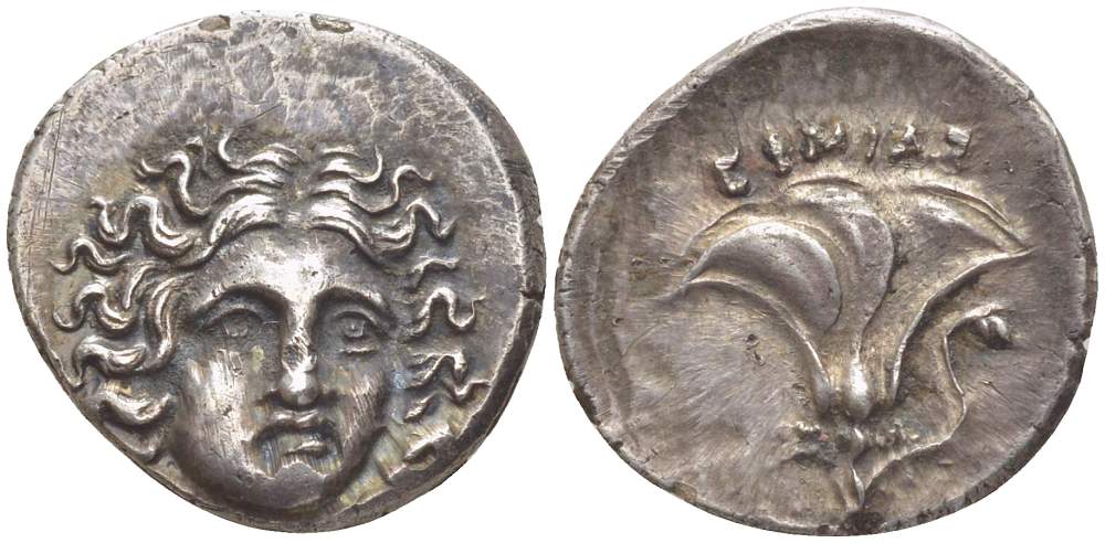 Фессалия родосская драхма 175-170 гг. до н.э. голова Гелиоса анфас / ??????, роза, чеканка для родосских наемников, вес 2,59 г about extremely fine SNG Keckman 793 серебро 00-821-41
