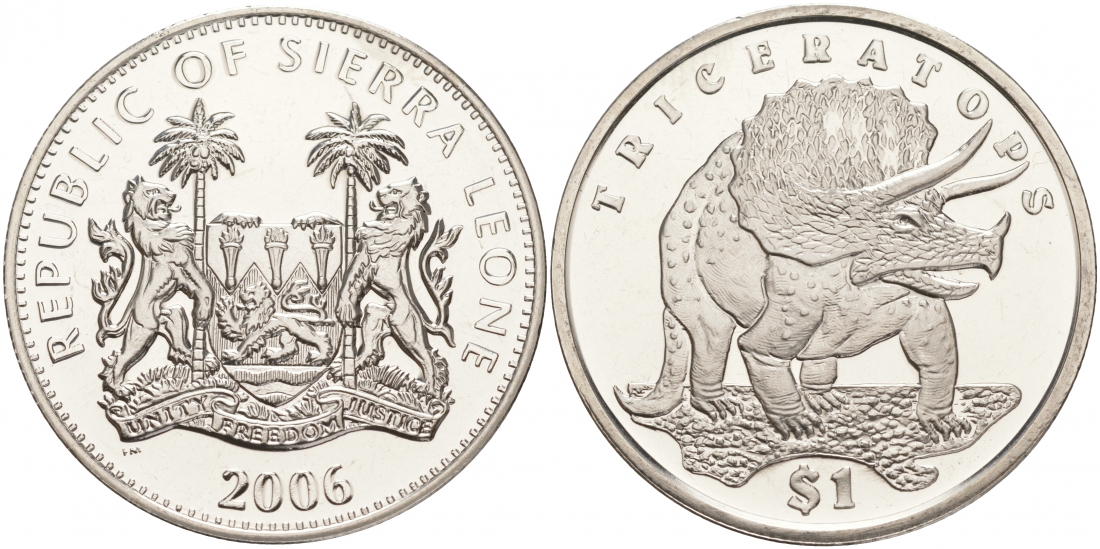Сьерра-Леоне 1 доллар 2006 серия динозавры, трицератопс KM 310 медно-никель UNC M20-3