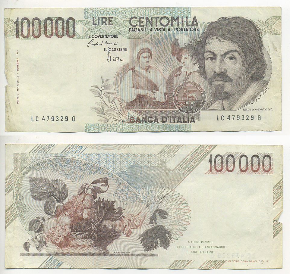 Италия 100000 лир 1983 Караваджо, фруктовый букет, подпись Speziali Pick 110b бумага 7220-27-3