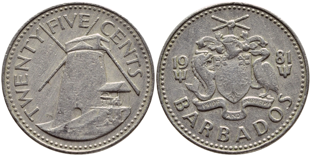 Барбадос 25 центов 1981 ветряная мельница Моргана Льюиса KM 13 медно-никель 4398-417