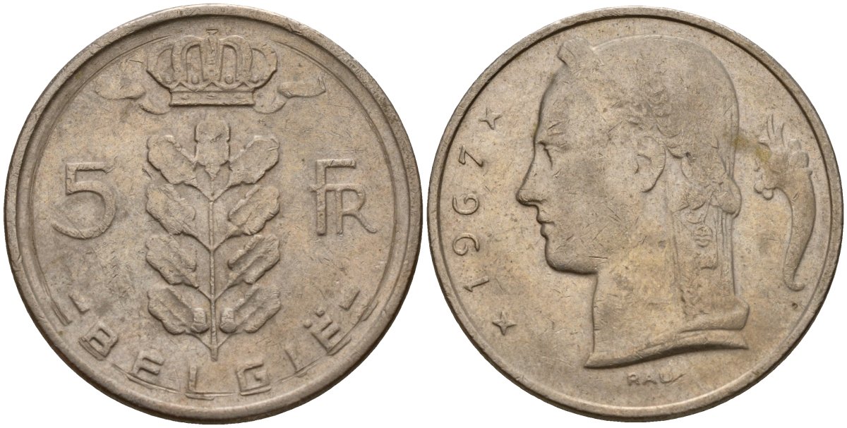 Бельгия 5 франков 1967 Belgie, Бодуэн I (1951-1993) KM 135 медно-никель 4156-641