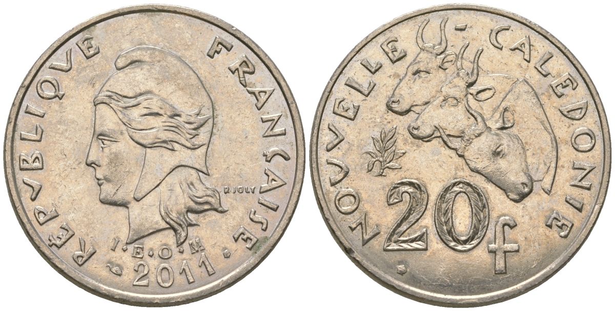 Французская Новая Каледония 20 франков 2011 три быка, (IEOM) KM 12a, Schoen 14a, Lec 115j медно-никель 84-741