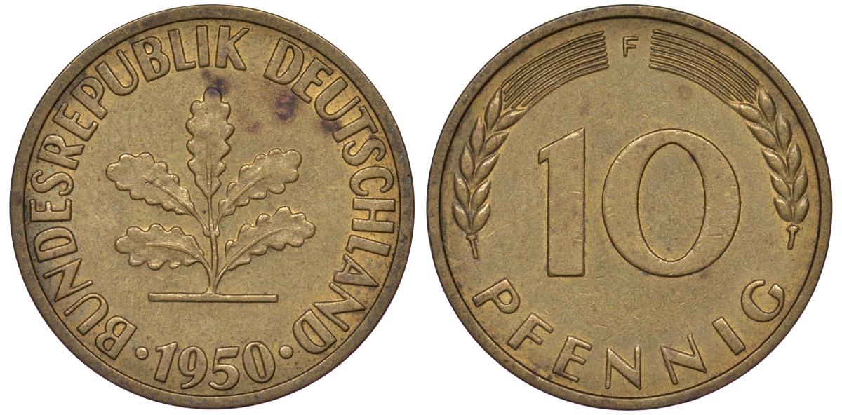 ФРГ 10 пфеннигов 1950 F KM 108, J 383 сталь плакированная латунью 25-1742