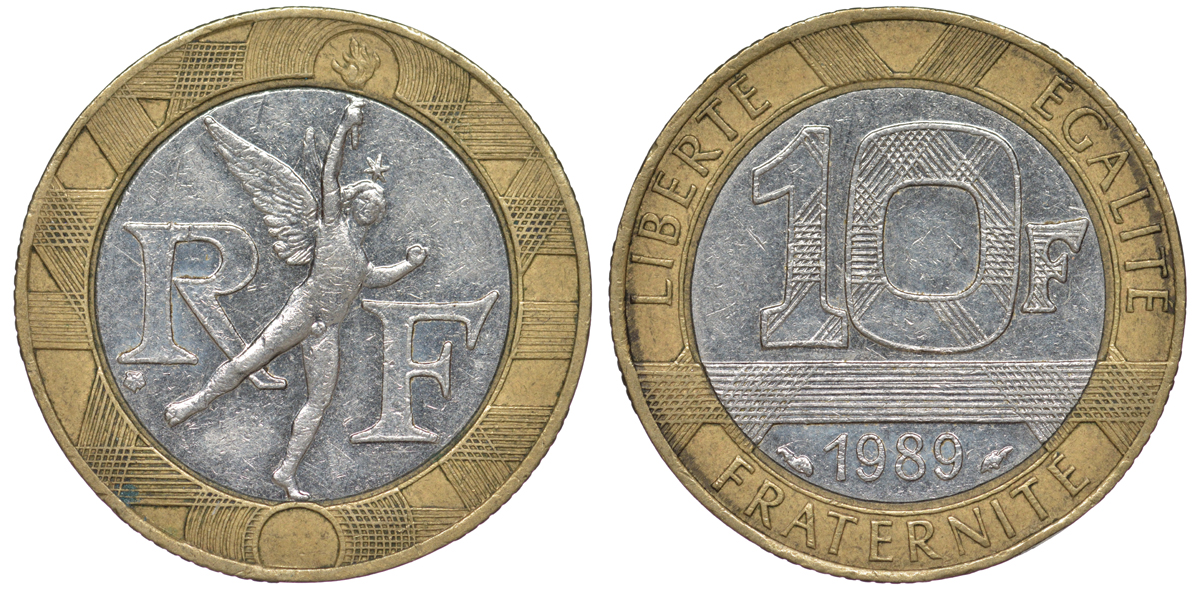 Франция 10 франков 1989 тип гений Бастилии KM 964.1, Le Franc 375.3 биметалл  45-633