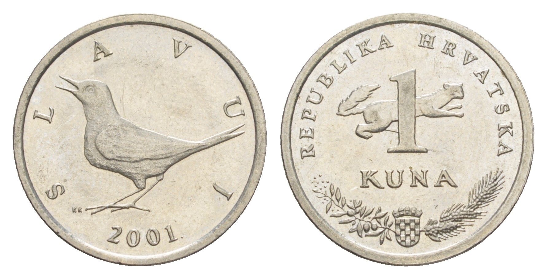 Хорватия 1 куна 2001 западный соловей, нечетный год KM 9.1 медь цинк никель aUNC 4571-1246