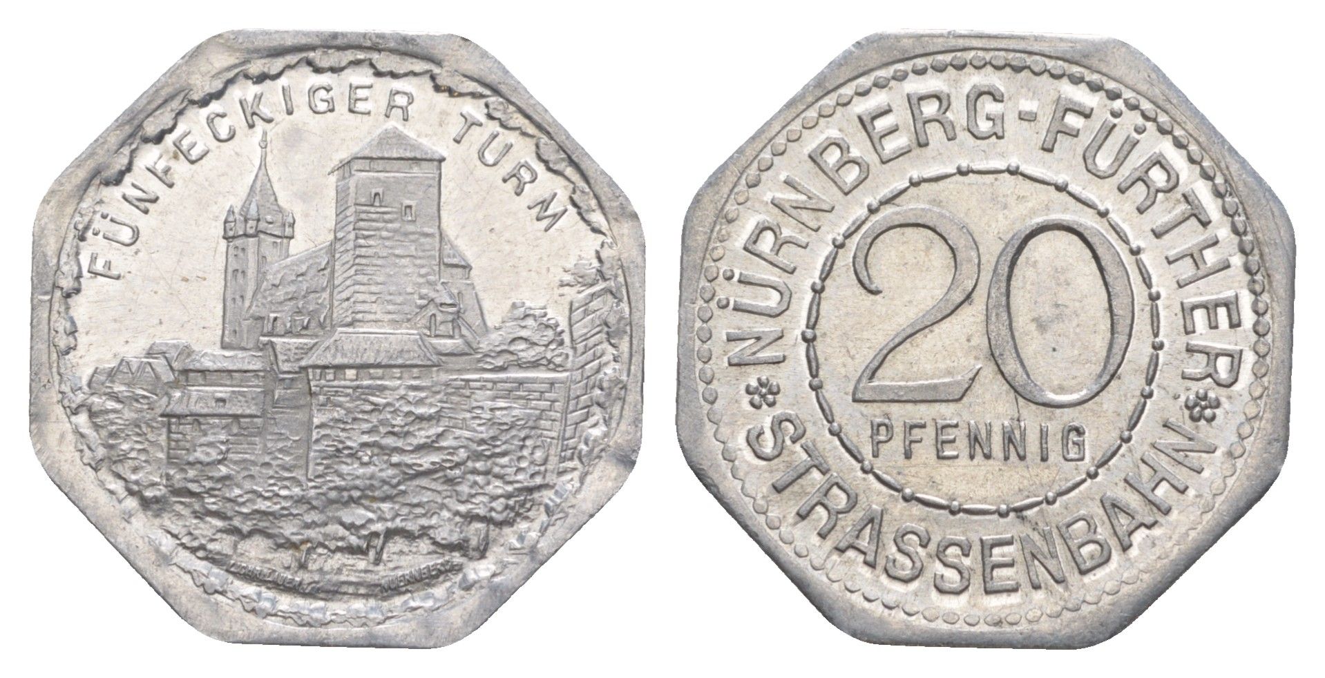 Нюрнберг трамвайный (транспортный) жетон в 20 пфеннигов ND (1920-1921) пятиугольная башня Men05 19256.12, Men18 24102.12 алюминий UNC 4638-247