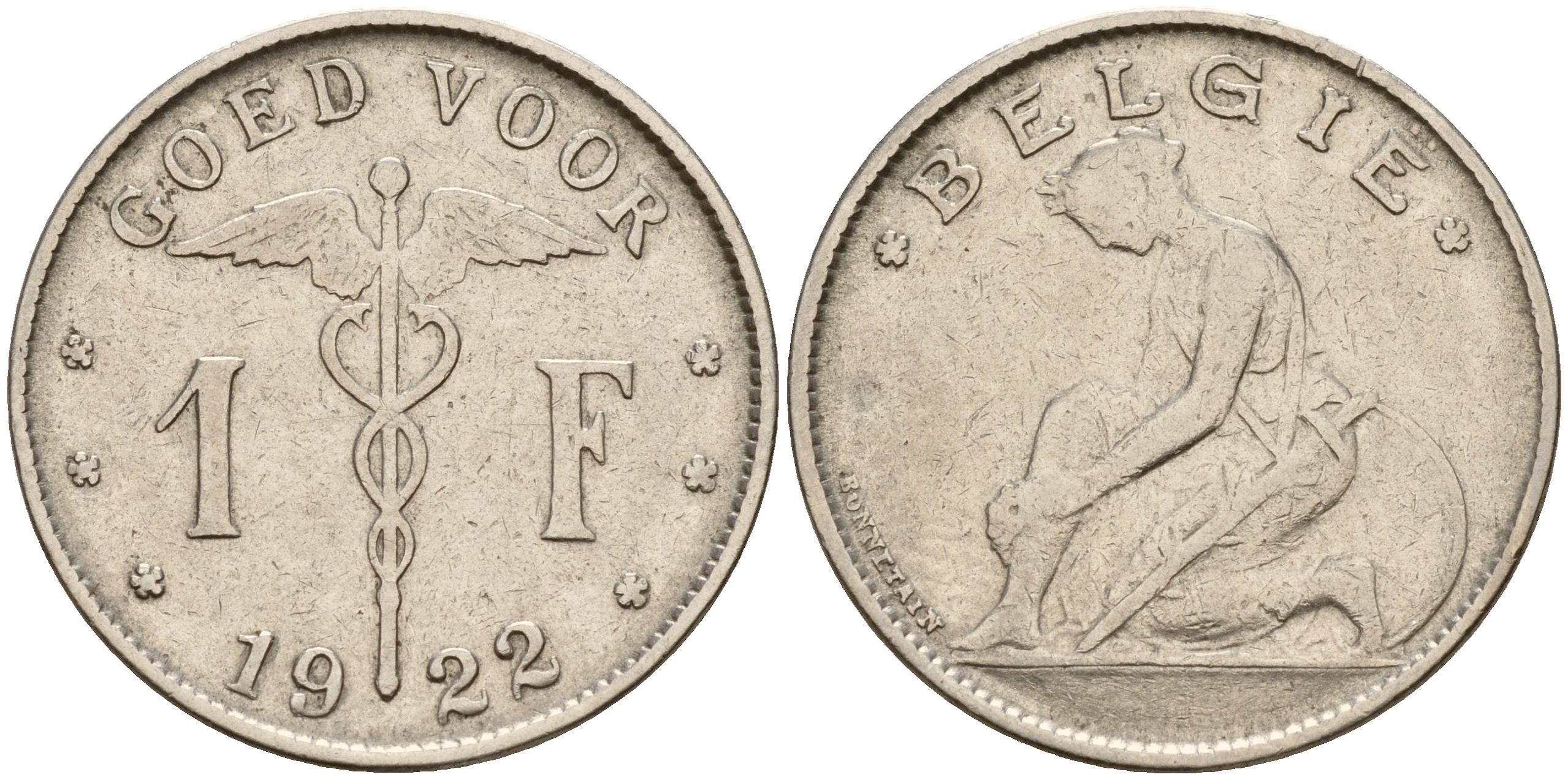 Бельгия 1 франк 1922 Belgie KM 90 никель    4161-1153