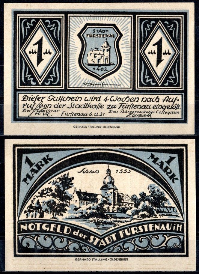 Фюрстенау (Пруссия, Ганновер) 1 марка 1921 Mehl Grabowski 400.1-4/4 бумага UNC (пресс) 7555-55-4-1