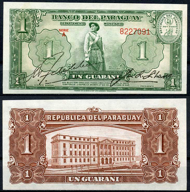 Парагвай 1 гуарани 1943 солдат, здание Банка Парагвая, Асунсьон Pick 178 (3)  бумага  aUNC 451-689-4