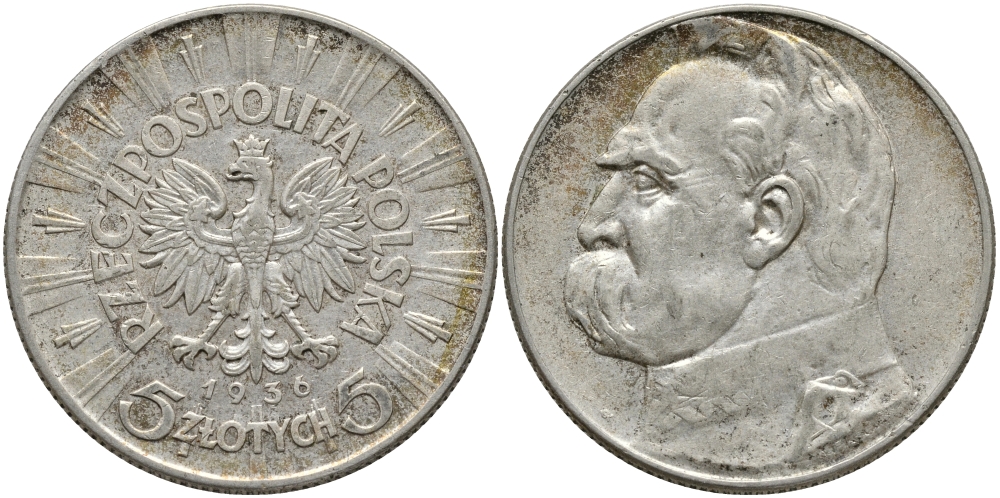ПОЛЬША 5 ЗЛОТЫХ 1936 W, ЮЗЕФ ПИЛСУДСКИЙ KM 28 серебро 441-1134
