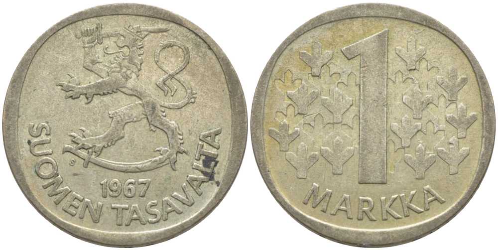 Финляндия 1 марка 1967 S KM 49 серебро 113-237