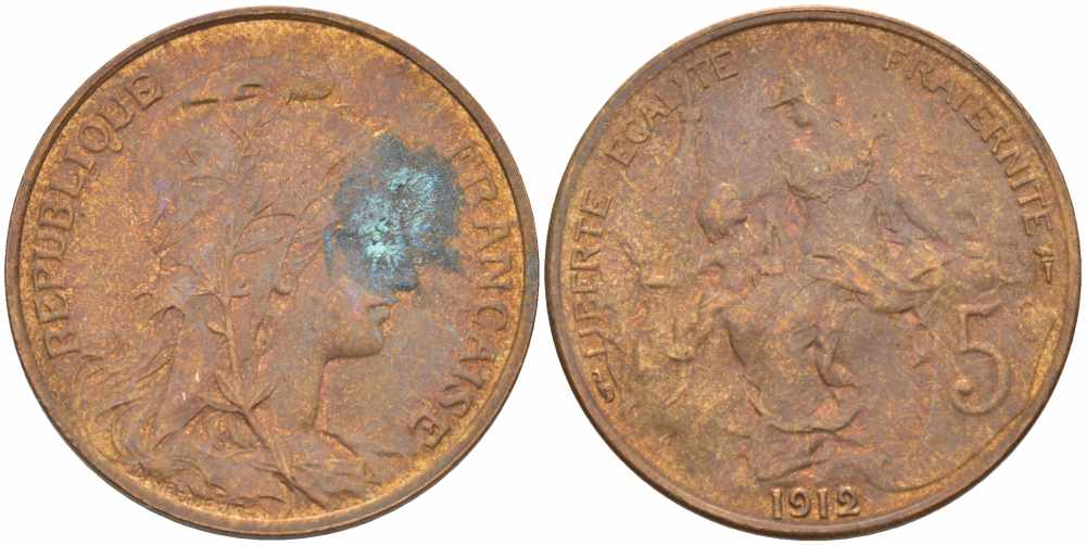 ФРАНЦИЯ 5 САНТИМОВ 1912 ТИП ДАНИЭЛЬ ДЮПЮИ KM 842, LE FRANC 119.24 бронза 108-933