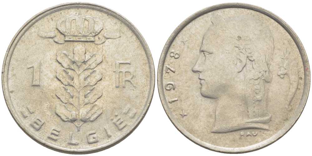 БЕЛЬГИЯ 1 ФРАНК 1978 BELGIE, БОДУЭН I (1951-1993) KM 143.1 медно-никель 119-645