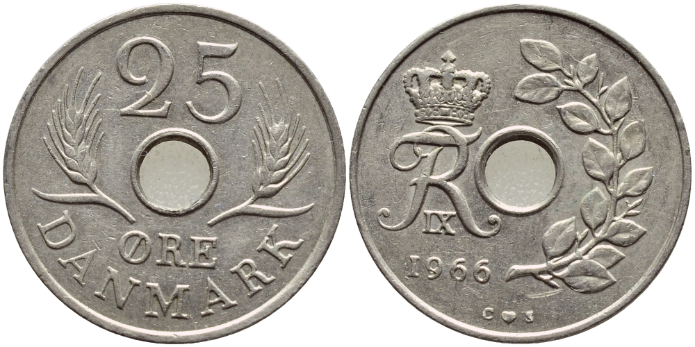 ДАНИЯ 25 ЭРЕ 1966 С; S, ФРЕДЕРИК IX (1947-1972) KM 855.1 медно-никель 4398-953