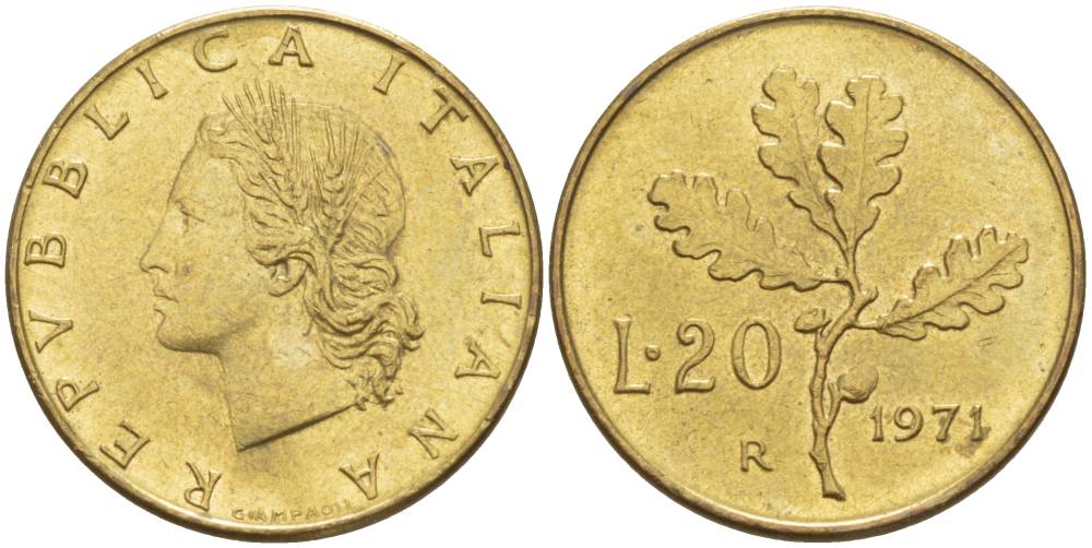 ИТАЛИЯ 20 ЛИР 1971 R, ДУБОВЫЕ ЛИСТЬЯ KM 97.2 алюминиевая бронза 4551-252