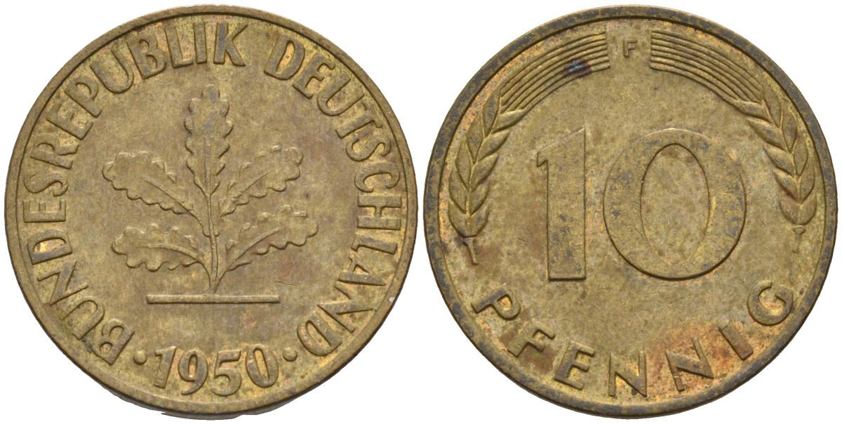 ФРГ 10 пфеннигов 1950 F KM 108 сталь плакированная латунью 4126-527