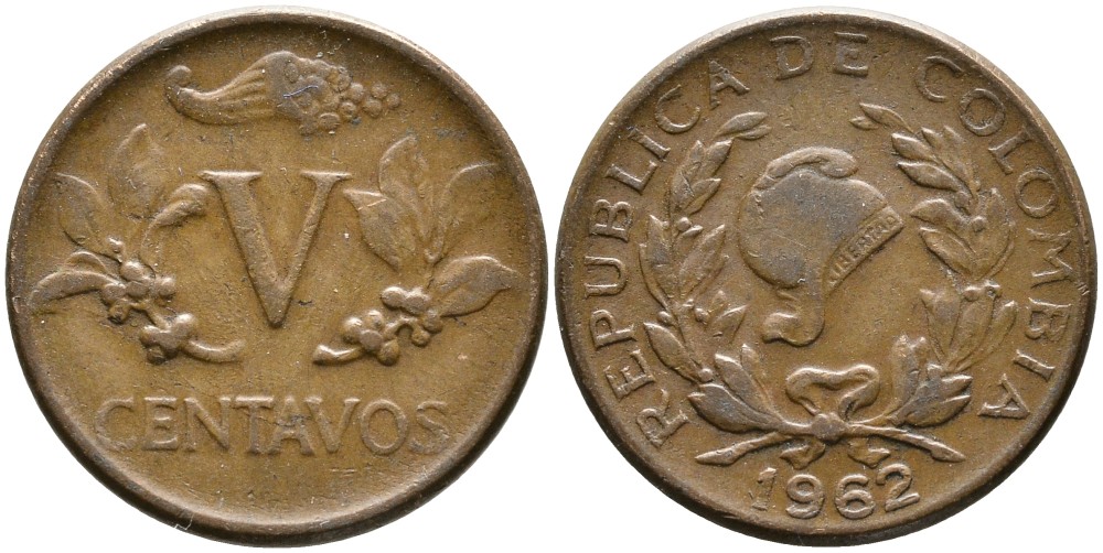КОЛУМБИЯ 5 СЕНТАВО 1962 KM 206 бронза 4532-219