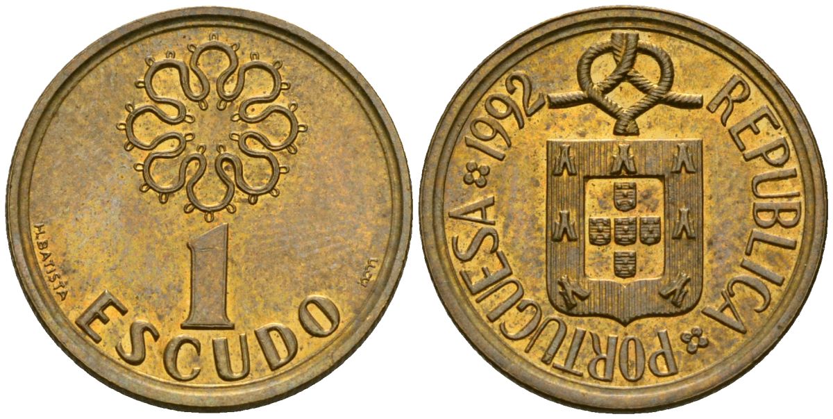 Португалия 1 эскудо 1992 KM 631 никель латунь 4164-1112