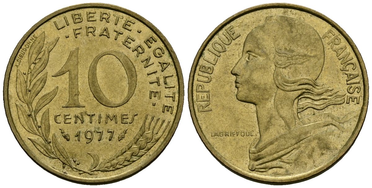 Франция 10 сантимов 1977 тип Marianne KM 929 алюминиевая бронза 4136-416
