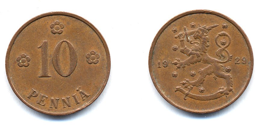 Финляндия 10 пенни 1929 республика (1918-1962) KM 24 медь 46-1651