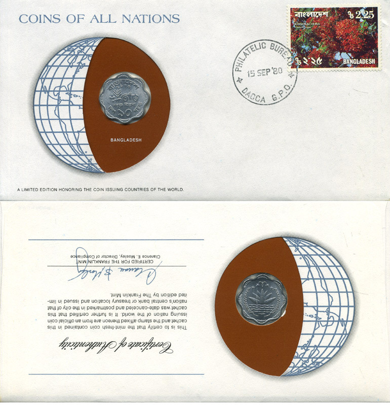 Бангладеш 10 пойша 1974 КОНВЕРТ С МАРКОЙ ПЕРВОГО ДНЯ ГАШЕНИЯ, COINS OF NATIONS KM 7 алюминий UNC 4294-60-2