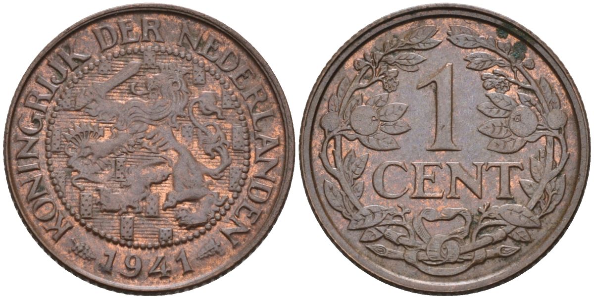 Нидерланды 1 цент 1941 Вильгельмина (1890-1948) KM 152 бронза 4592-852