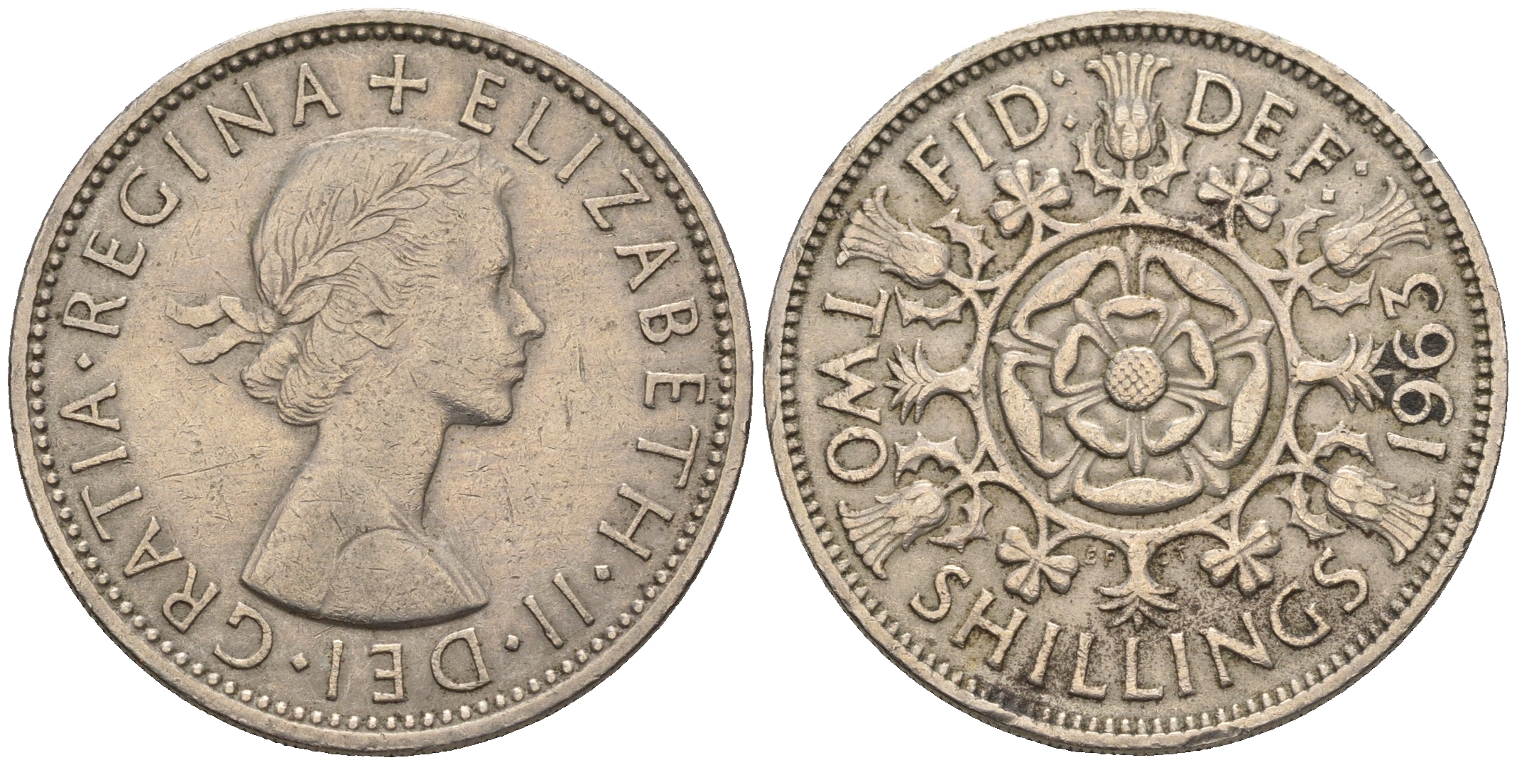 Великобритания 2 шиллинга (флорин) 1963 Елизавета II (1952-2022) KM 906, Spink 4146 медно-никель 109-715