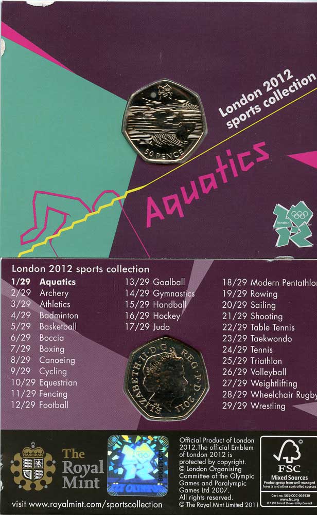 Великобритания 50 пенсов 2011 XXX летние Олимпийские игры в Лондоне в 2012 году, плавание, в оригинальном картонном буклете, с Олимпийской голограммой (1/29) KM 1166 медно-никель  UNC  3-6-6-02