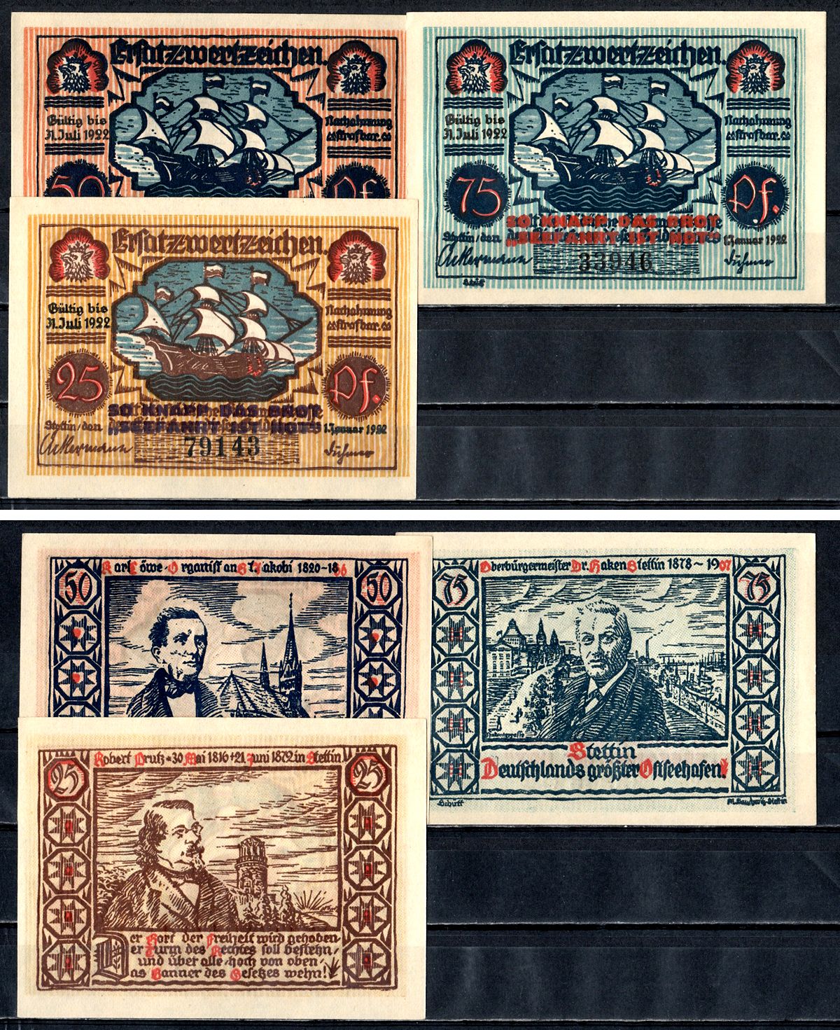 Штеттин (Пруссия, Померания) полный набор из 3 нотгельдов (25, 50 и 75 пфеннигов) 1922 Mehl Grabowski 1270.4 бумага UNC (пресс) 7556-58-1-2