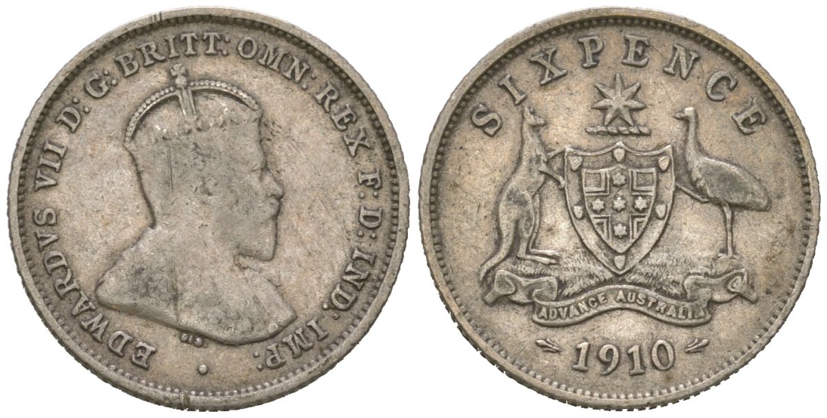 Австралия 6 пенсов 1910 L, Эдуард VII (1901-1910) KM 19 серебро 4609-351