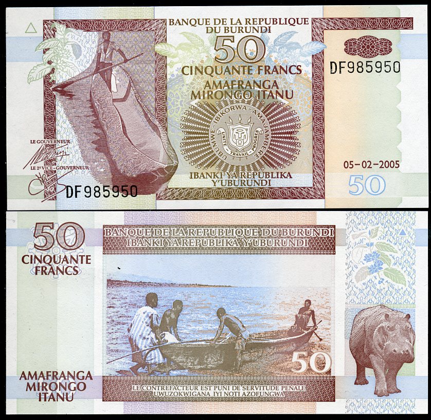 Бурунди 50 франков 2005 каное, рыбаки Pick 36 e бумага бумага  UNC (пресс) 448-62-3