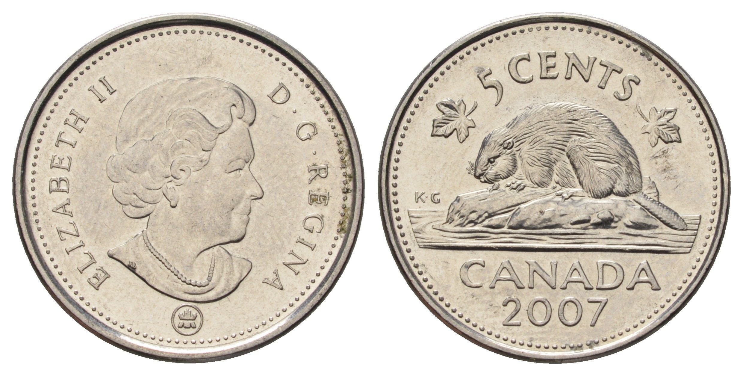 Канада 5 центов 2007 Leaf, Елизавета II (1952-2022), бобр KM 491 сталь плакированная никелем UNC 4689-467