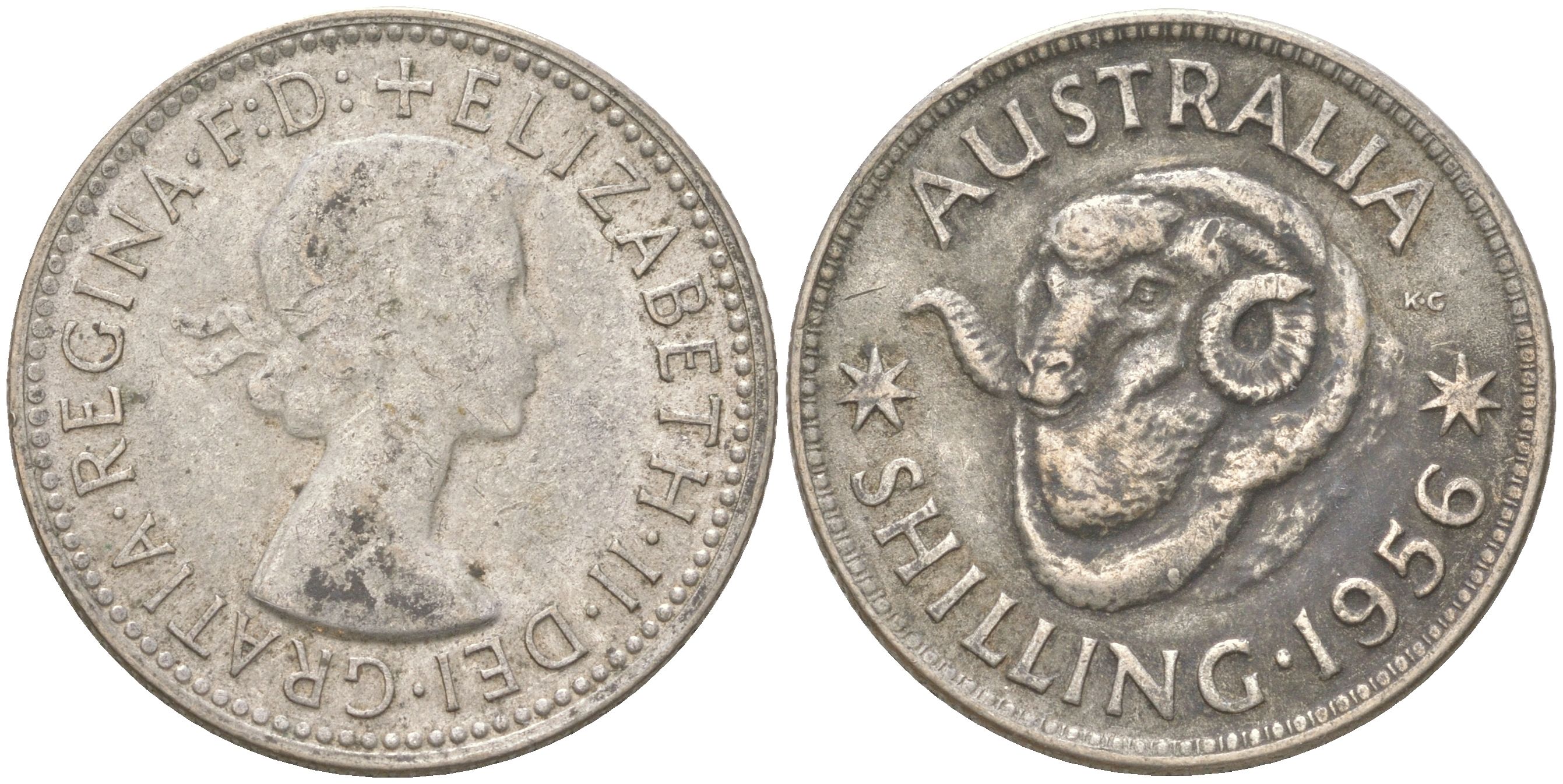 Австралия 1 шиллинг 1956 M, Елизавета II (1952-2022), овца меринос KM 59 серебро 4622-152