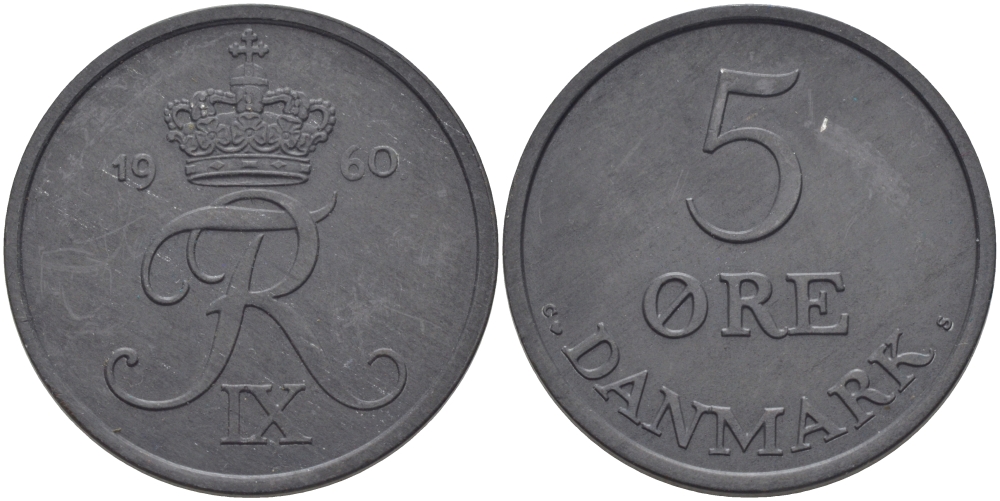 Дания 5 эре 1960 C; S, Фредерик IX (1947-1972) KM 843.2 цинк UNC 97-1146