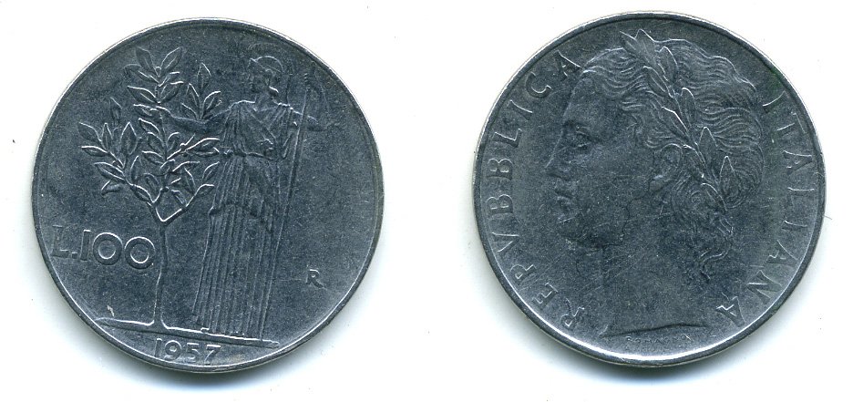 ИТАЛИЯ 100 ЛИР 1957 R, АФИНА KM 96.1 нержавеющая сталь 54-1254