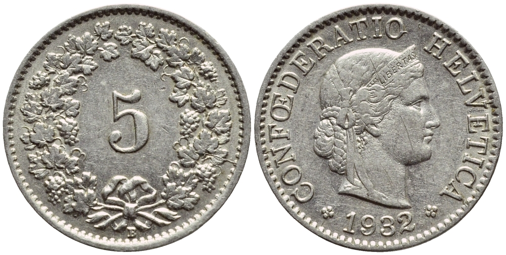 ШВЕЙЦАРИЯ 5 РАППЕНОВ 1932 В KM 26b никель 4396-1125