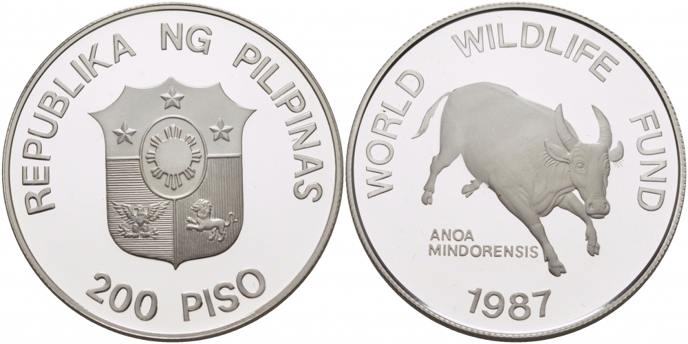 Филиппины 200 писо 1987 серия 25 лет окружающей среды, буйвол тамарау KM 248 серебро PROOF 01-146-21