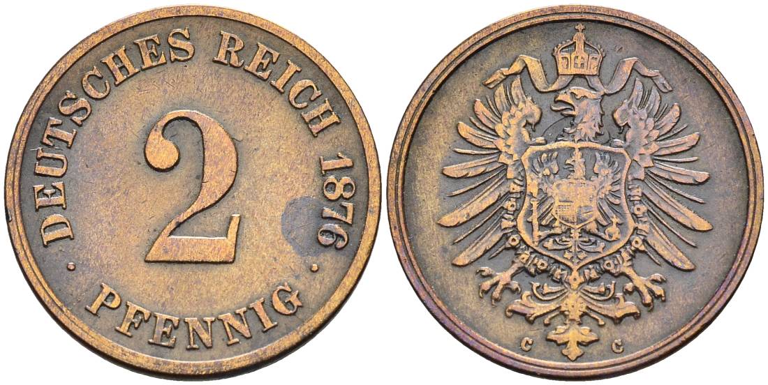 Германия 2 пфеннига 1876 C, старогербовка KM 2, Jager 2, Weege 3 медь 4546-613