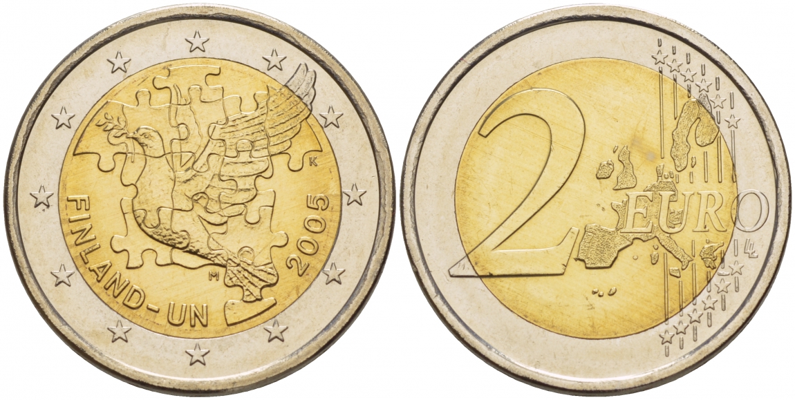 Финляндия 2 евро 2005 60 лет ООН, 50 лет членству Финляндии в ООН, голубь мира KM 119 биметалл UNC 1094-6-12