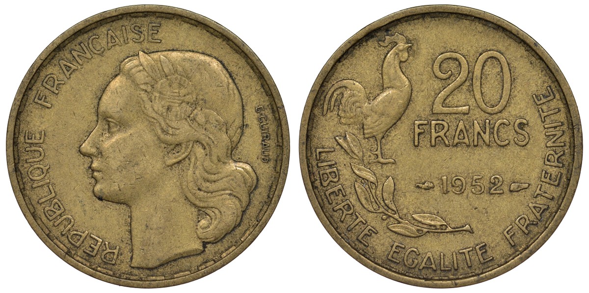 Франция 20 франков 1952 петух, 4 пера KM 917.1, Le Franc 402.9 алюминиевая бронза 4128-535