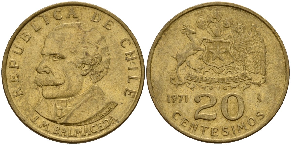 Чили 20 сентесимо 1971 KM 195 алюминиевая бронза 4158-727