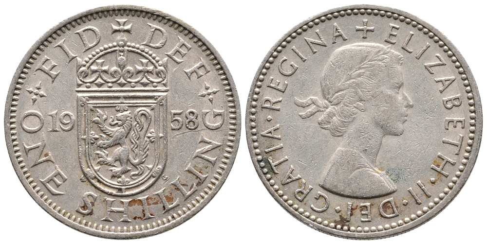Великобритания 1 шиллинг 1958 Елизавета II (1952-2022), Шотландский герб KM 905, Spink 4148 медно-никель 86-857