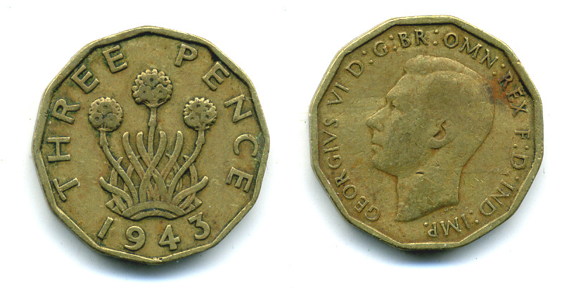 Великобритания 3 пенса 1943 Георг VI (1936-1952) KM 849, Spink 4112 никель латунь 89-1134