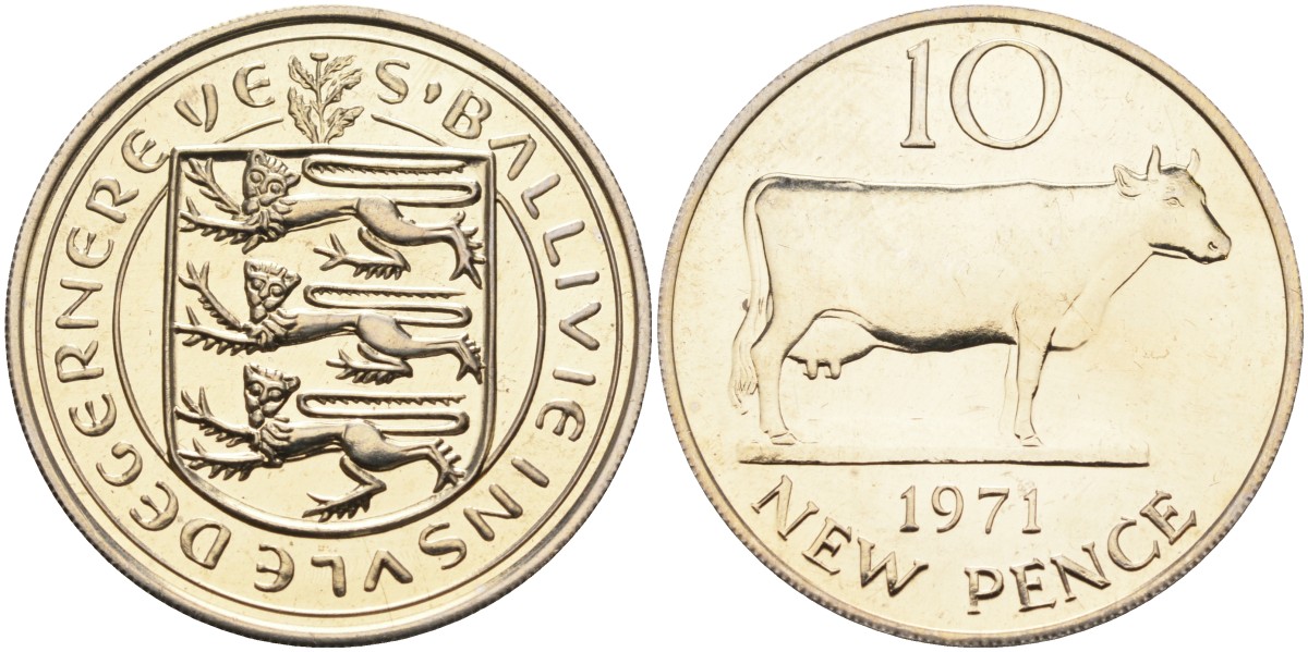 Гернси 10 пенсов 1971 Гернсийская корова, тираж 10000 экз. KM 24 медно-никель PROOF 4583-323