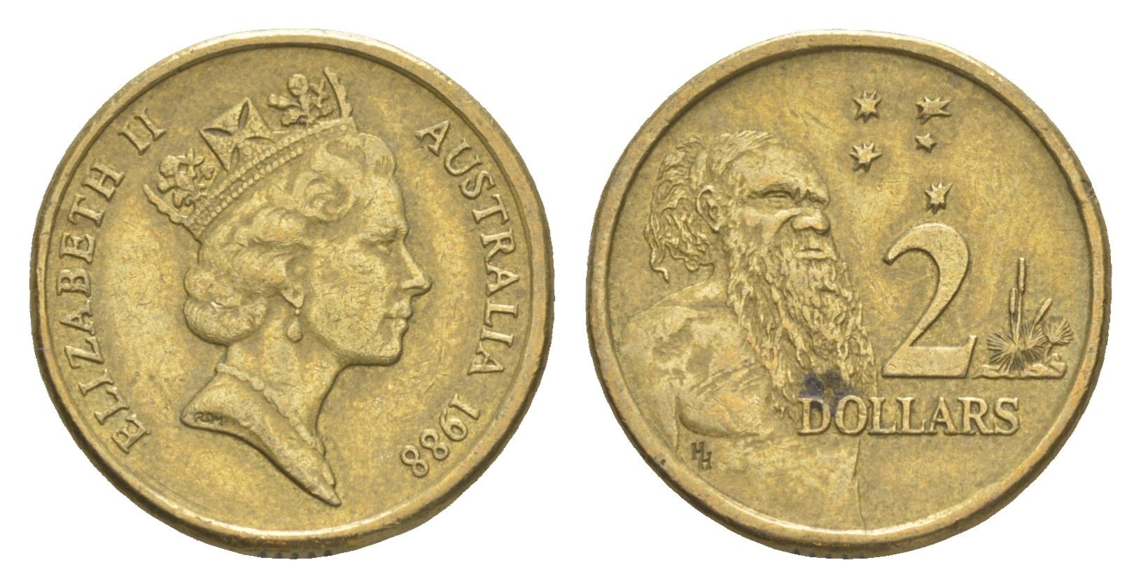 Австралия 2 доллара 1988 абориген, Елизавета II (1952-2022) KM 101 алюминиевая бронза 4652-233