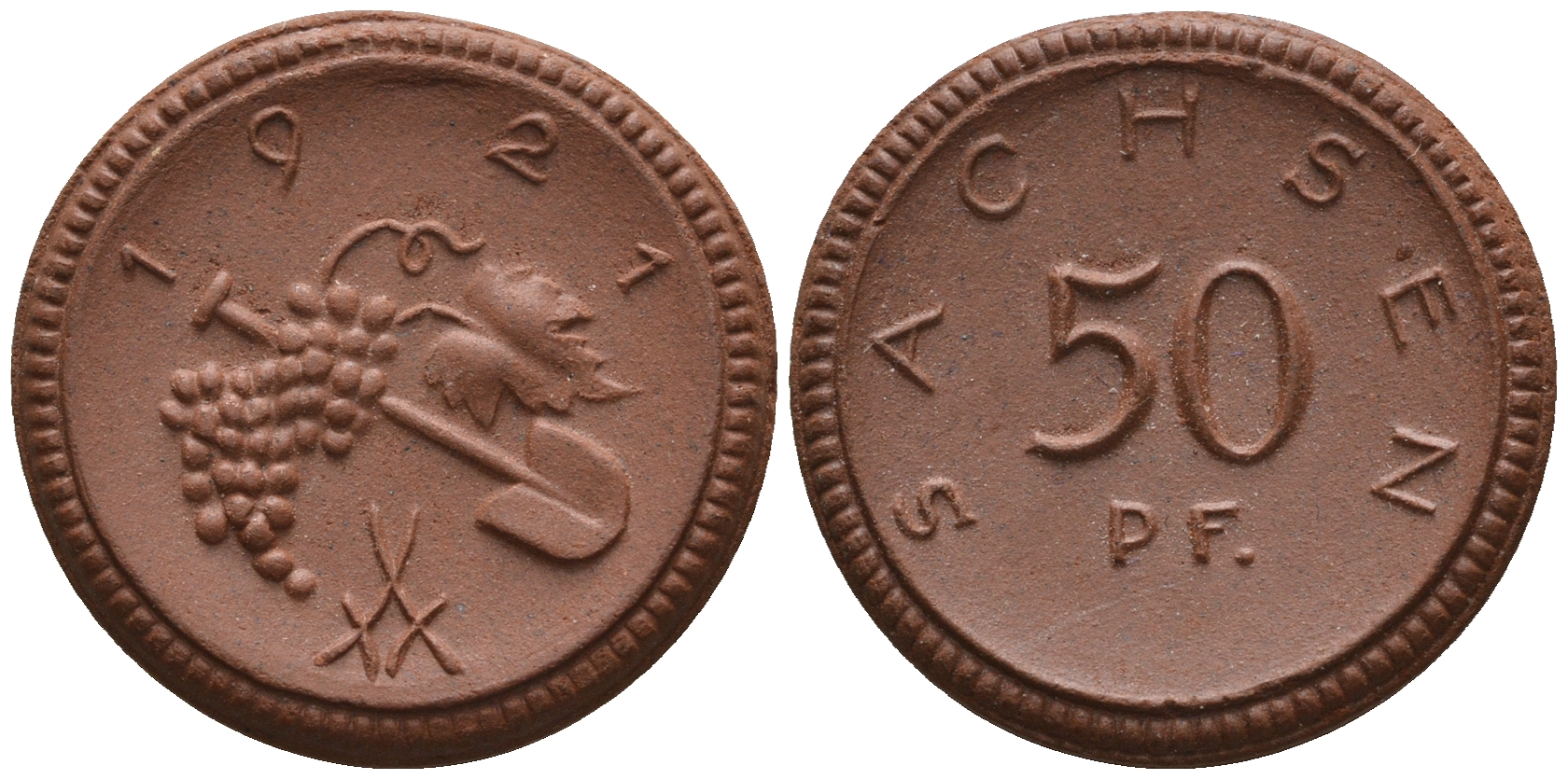 Саксония 50 пфеннигов 1921 виноград и лопата J. N 54 фарфор UNC 1094-8-33