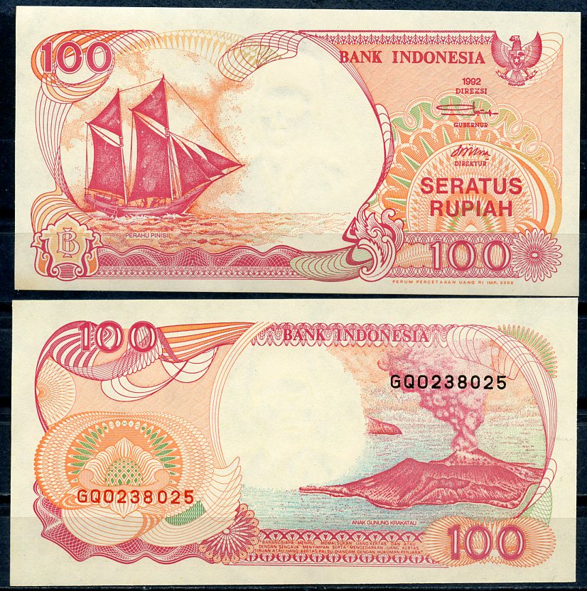 Индонезия 100 рупий 1992/2000 парусник пиниси, вулкан Кракатау Pick 127 h  бумага  UNC (пресс) 448-150-1