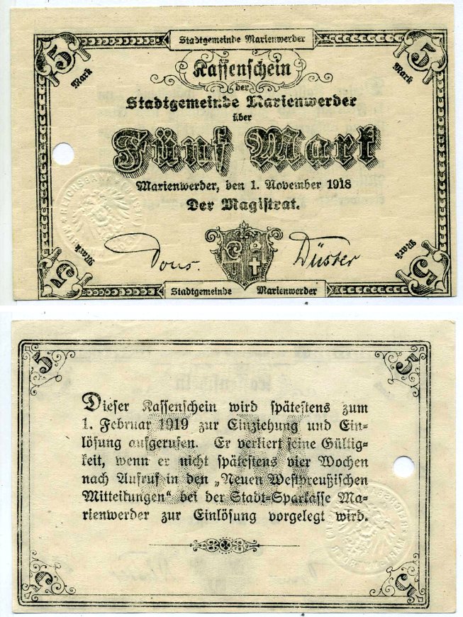 МАРИЕНВЕРДЕР 5 марок 1918 1 ноября 1918 - 1 февраля 1919, , нотгельд, земля БрандЕНБУРГ Geiger 350.01 бумага 2193-28-1-1