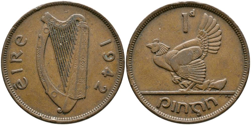 ИРЛАНДИЯ 1 ПЕННИ 1942 КУРИЦА С ЦЫПЛЯТАМИ KM 11 бронза 4531-636