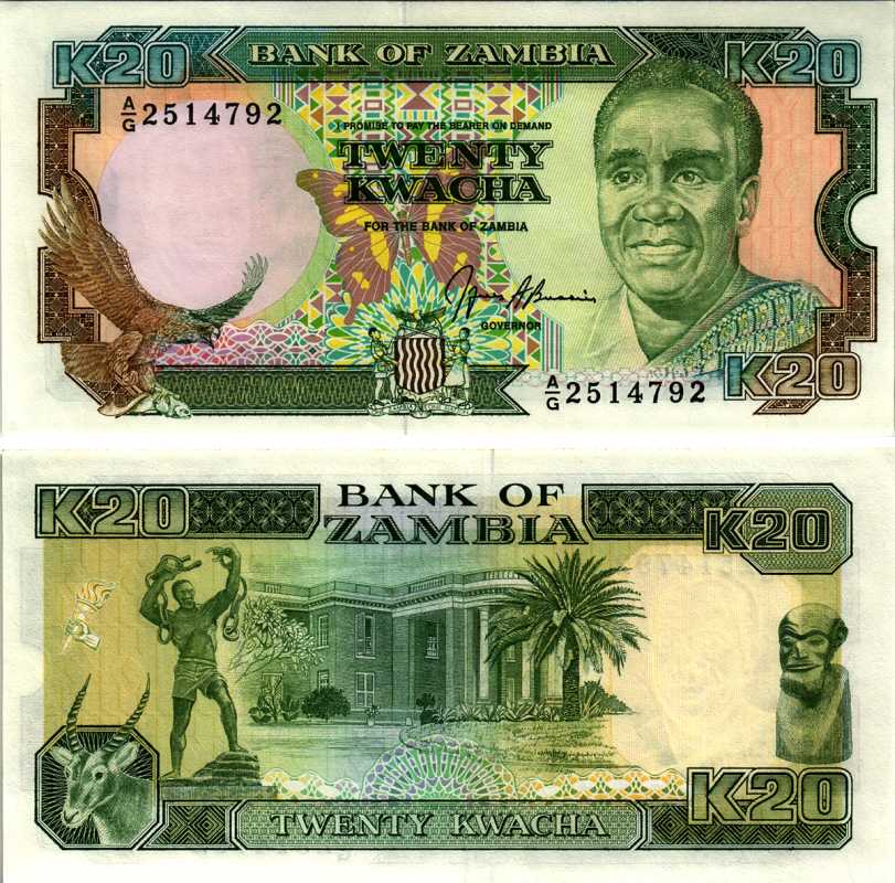Замбия 20 квач ND (1989-1991) Кеннет Каунда, антилопа, президентский дворец, подпись Bussiere Pick 32 b бумага UNC (пресс) 8605-24-4-1